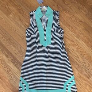 Sail to Sable Linen Striped Dress with Aqua Accents